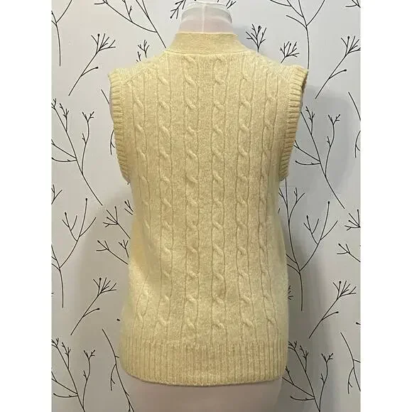 VINTAGE 60s 100% Wool Butter Yellow Cable Knit Vest MEDIUM Tennis Prep Academia - Picture 4 of 6